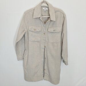 C By One Houndstooth Plaid Button-Up Long Line Cream Shirt Shacket Women Size L